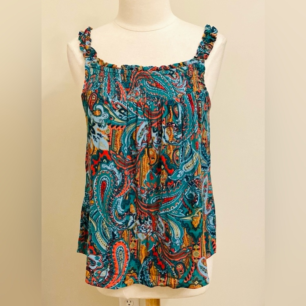 Maurices Paisley Green Orange SZ S Indie Festival Boho Breezy Smocked Tank Top